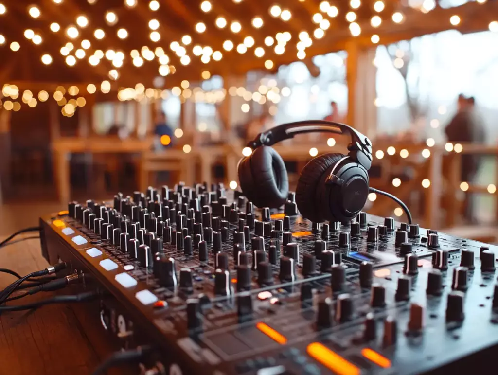 Professional DJ mixing console and headphones at wedding venue, showcasing proper equipment setup to avoid Wedding DJ Mistakes