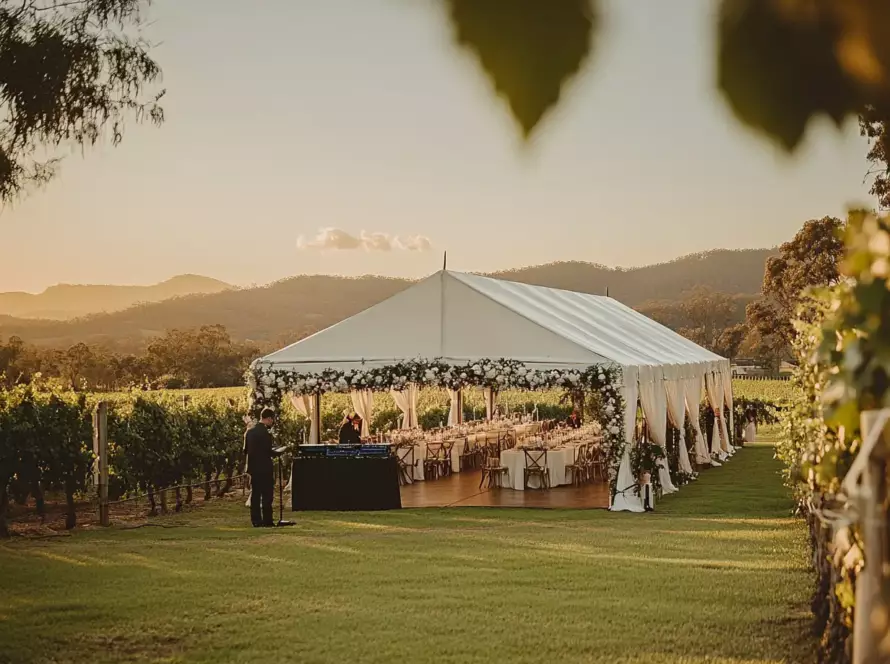 Sunset vineyard wedding reception setup with DJ station, demonstrating proper venue planning to avoid Wedding DJ Mistakes
