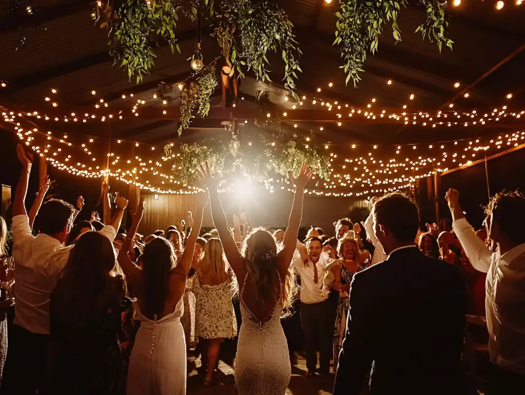 Packed wedding dance floor showing successful DJ techniques with guests raising hands in celebration under fairy lights