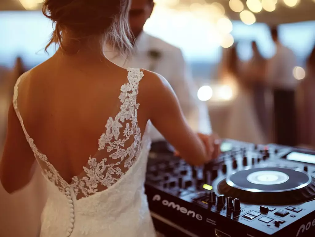 Bride in lace wedding dress at professional DJ deck, showcasing modern equipment used to keep dance floors packed all night