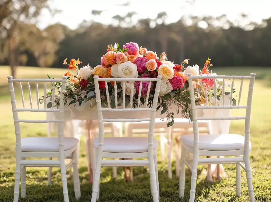 Elegant outdoor ceremony setup with Premium Wedding DJ equipment requirements for perfect sound quality across white Tiffany chairs