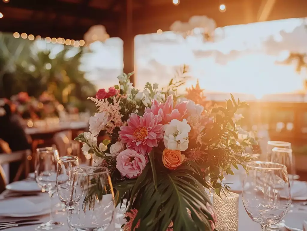 Sunset reception setup highlighting Premium Wedding DJ lighting and atmosphere creation for evening celebrations