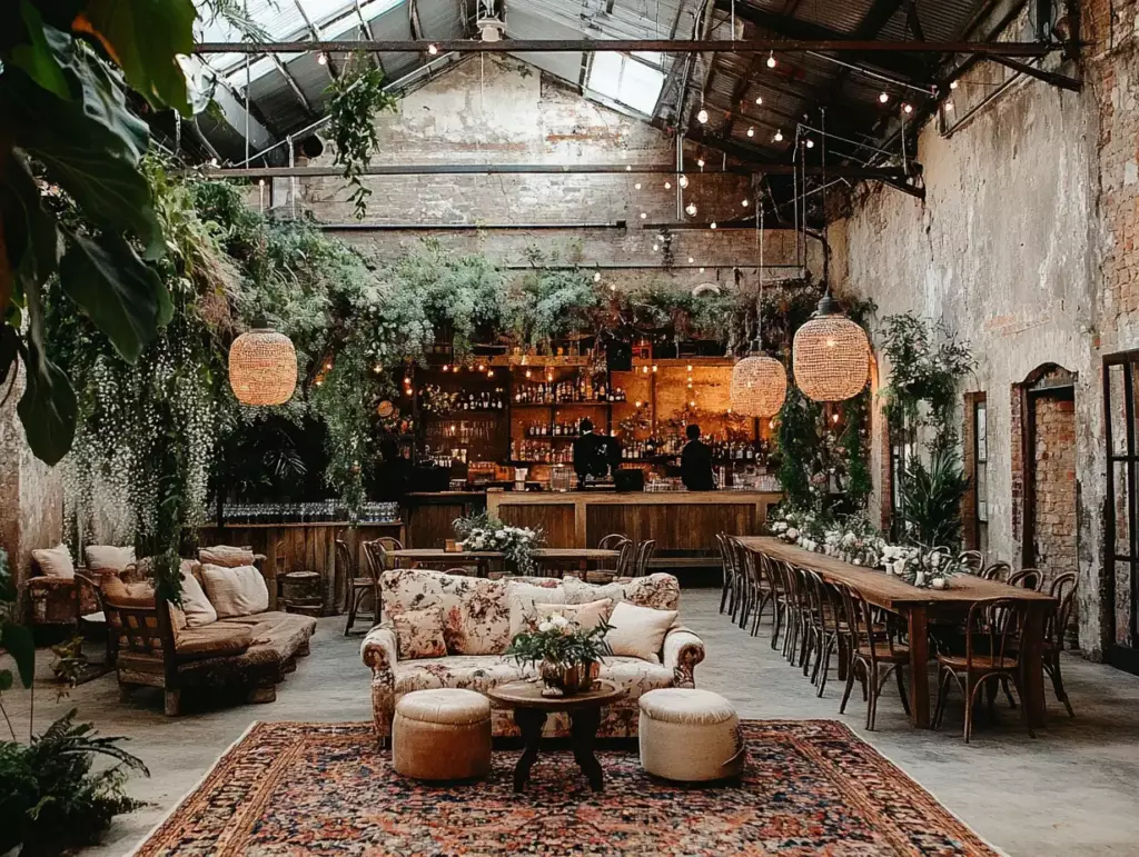 Modern Wedding Reception Trends featuring mixed seating areas with vintage furniture, hanging lights, and botanical decor in industrial venue