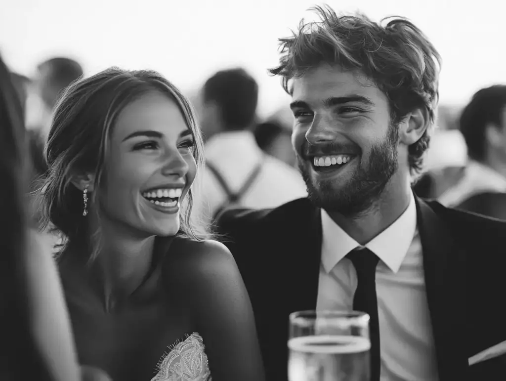 Happy couple enjoying their perfectly timed cocktail hour as part of their Seamless Wedding Day Timeline at an outdoor reception