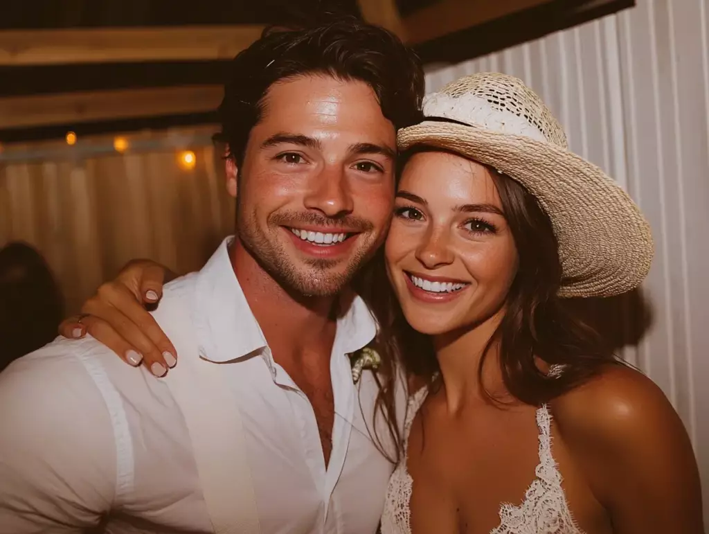 Wedding Reception Trends showcase relaxed bride in straw hat and lace dress with groom in casual white shirt at evening celebration
