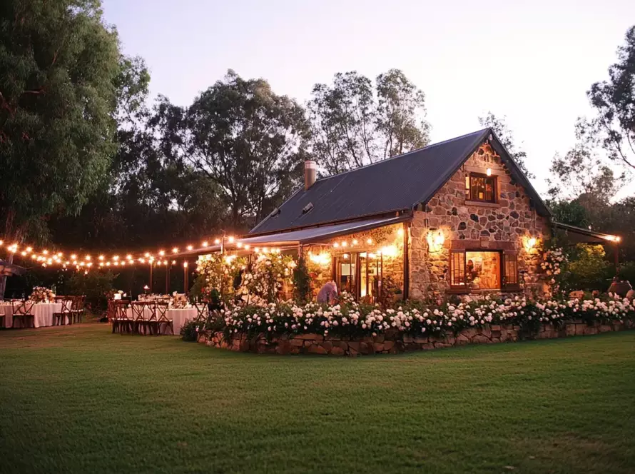 Rustic stone venue illuminated at dusk with outdoor dining setup, showcasing perfect Seamless Wedding Day Timeline execution