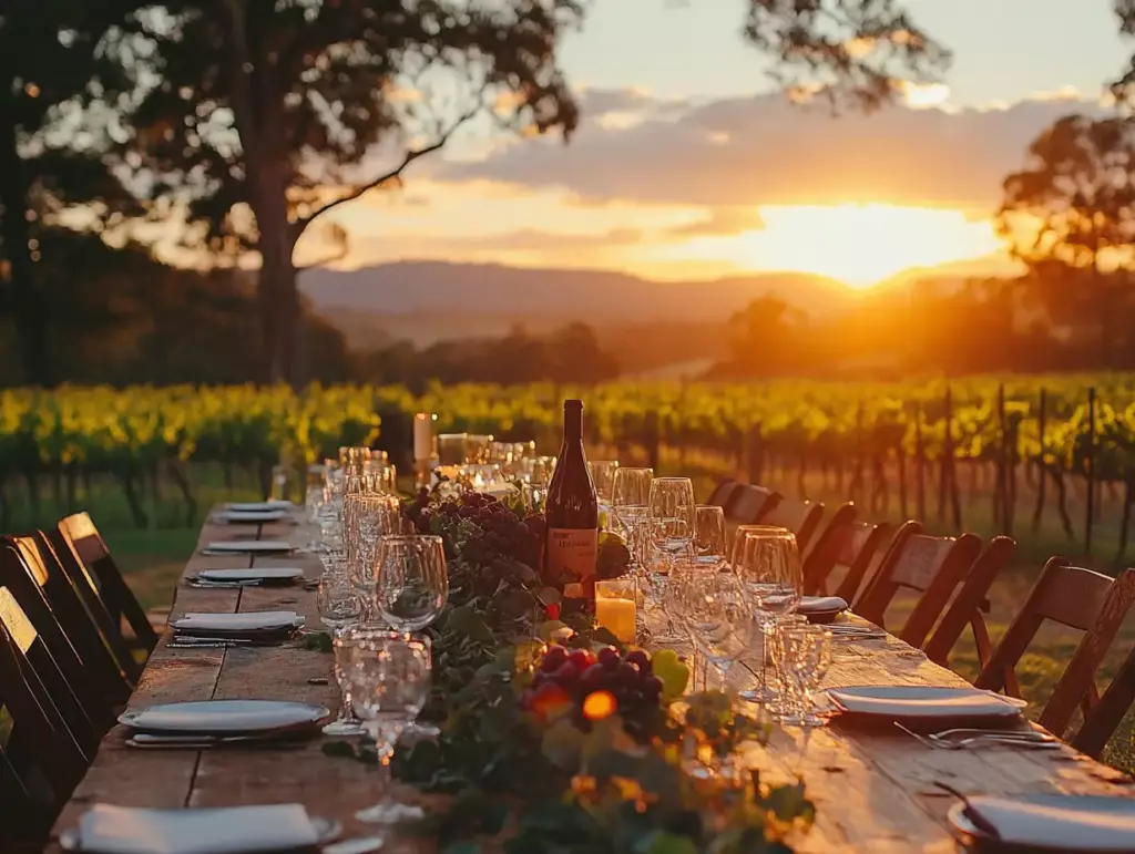 Elegant vineyard dinner setup at sunset demonstrating perfect timing in a Seamless Wedding Day Timeline for outdoor receptions