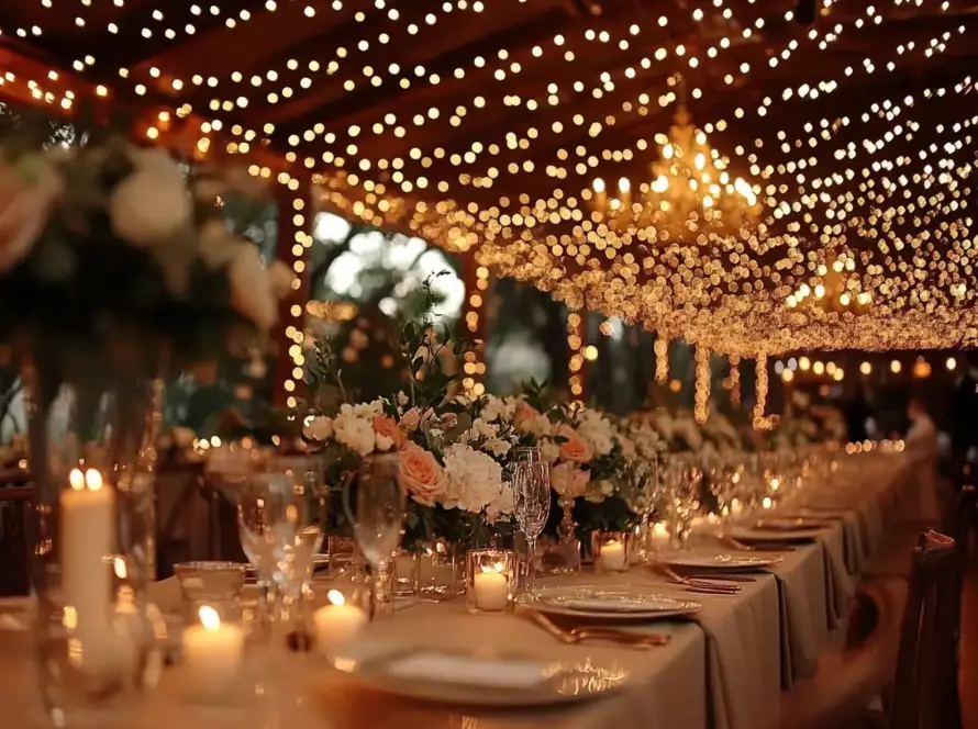 Wedding Reception Trends highlight fairy light ceiling installation over elegant table setting with floral centrepieces and candlelight