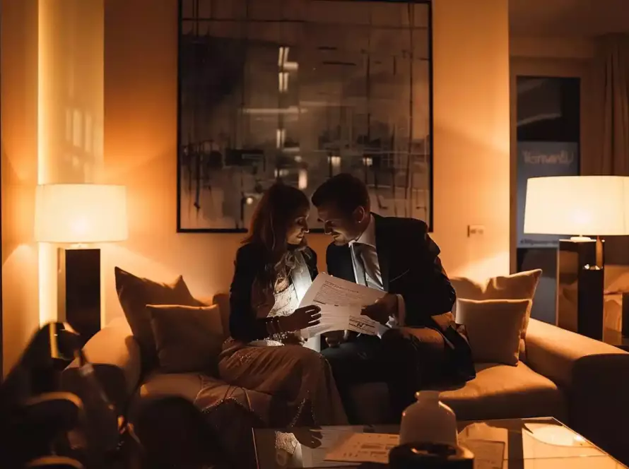 Engaged couple reviewing music selections with professional wedding DJ, warm lighting consultation