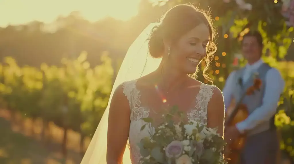 Smiling bride in lace wedding dress during golden hour at Hunter Valley vineyard ceremony with live music