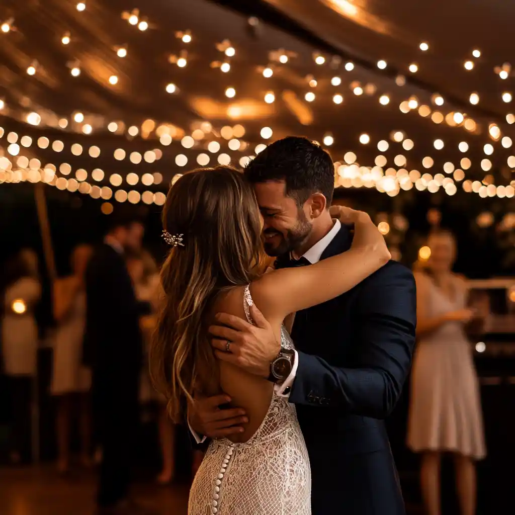 Bride and groom sharing intimate first dance moment under warm fairy lights at Hunter Valley wedding