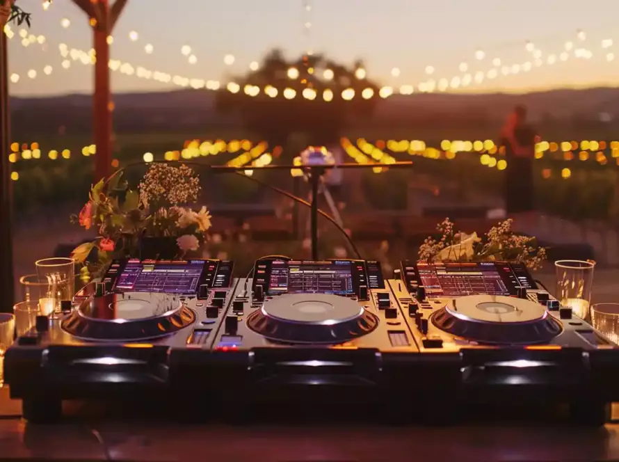 Wedding DJ setup with Pioneer CDJs at Hunter Valley vineyard reception, featuring fairy lights and sunset background