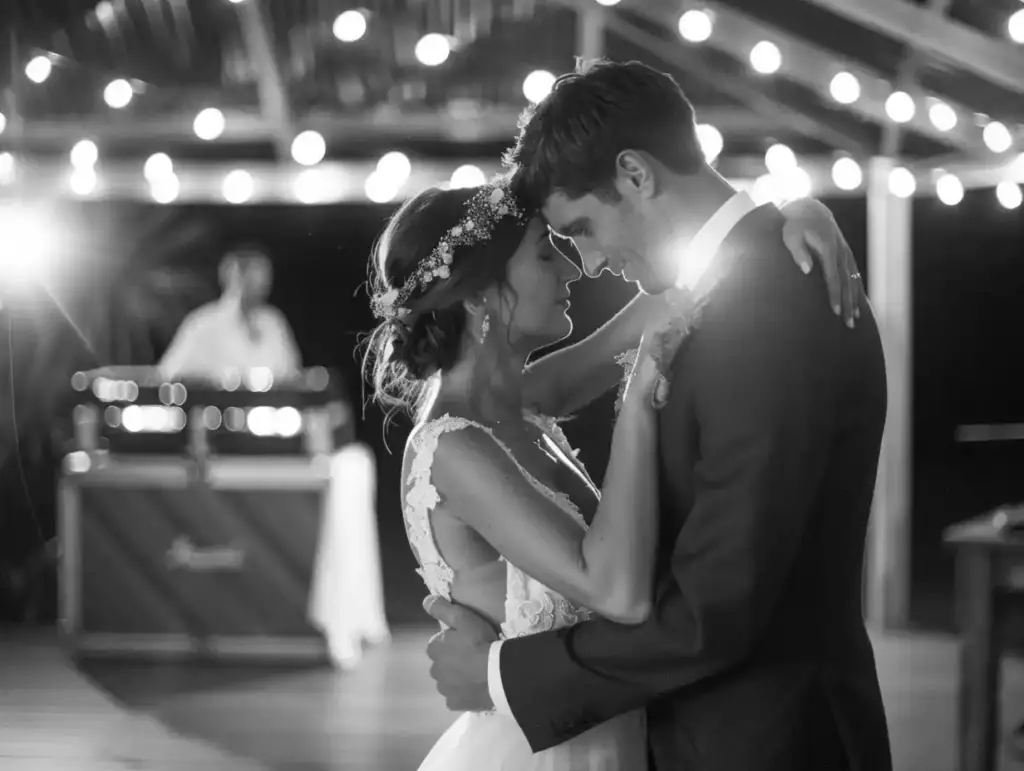 A newlywed couple share their first dance under sparkling lights at their wedding reception.