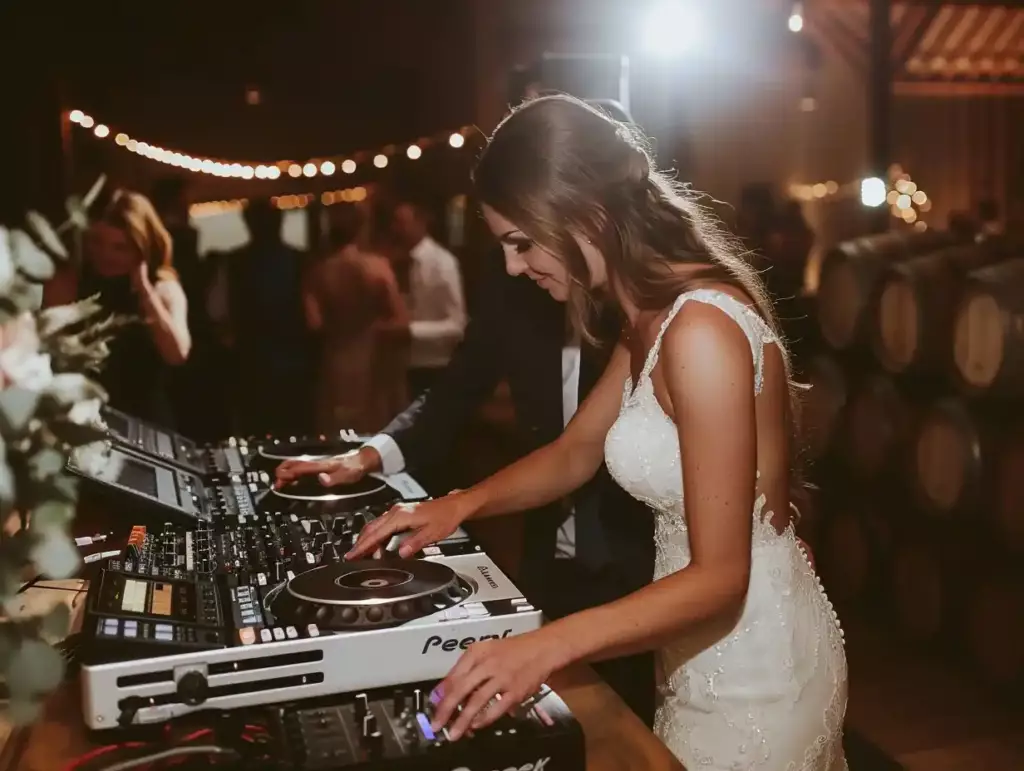 Bride in wedding dress using professional Pioneer DJ equipment at Hunter Valley wedding reception