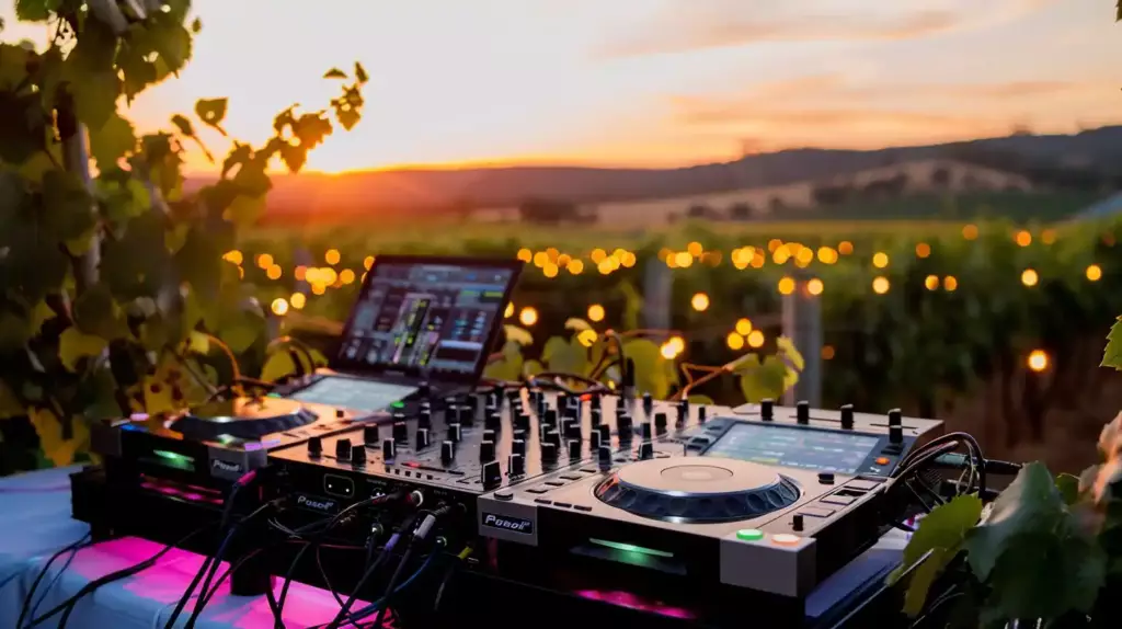 Professional Pioneer DJ setup overlooking Hunter Valley vineyards at sunset, fairy lights glowing